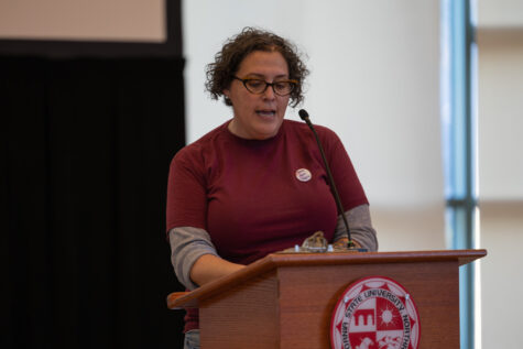 Shira Brown, director of the CSUN Womens Research and Resource Center, makes a statement during the Take Back the Night event on Mar 30, 2023, in Northridge, Calif.