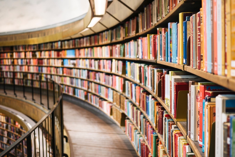 curved wall of bookshelves in a library