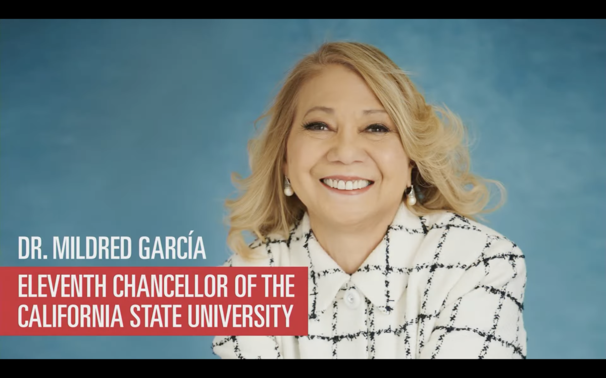 Screenshot from a video released on the California State University Youtube channel announcing the selection of Mildred García as the institutions new chancellor.