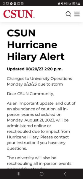 A screenshot of a CSUN storm advisory message on August 20, 2023.