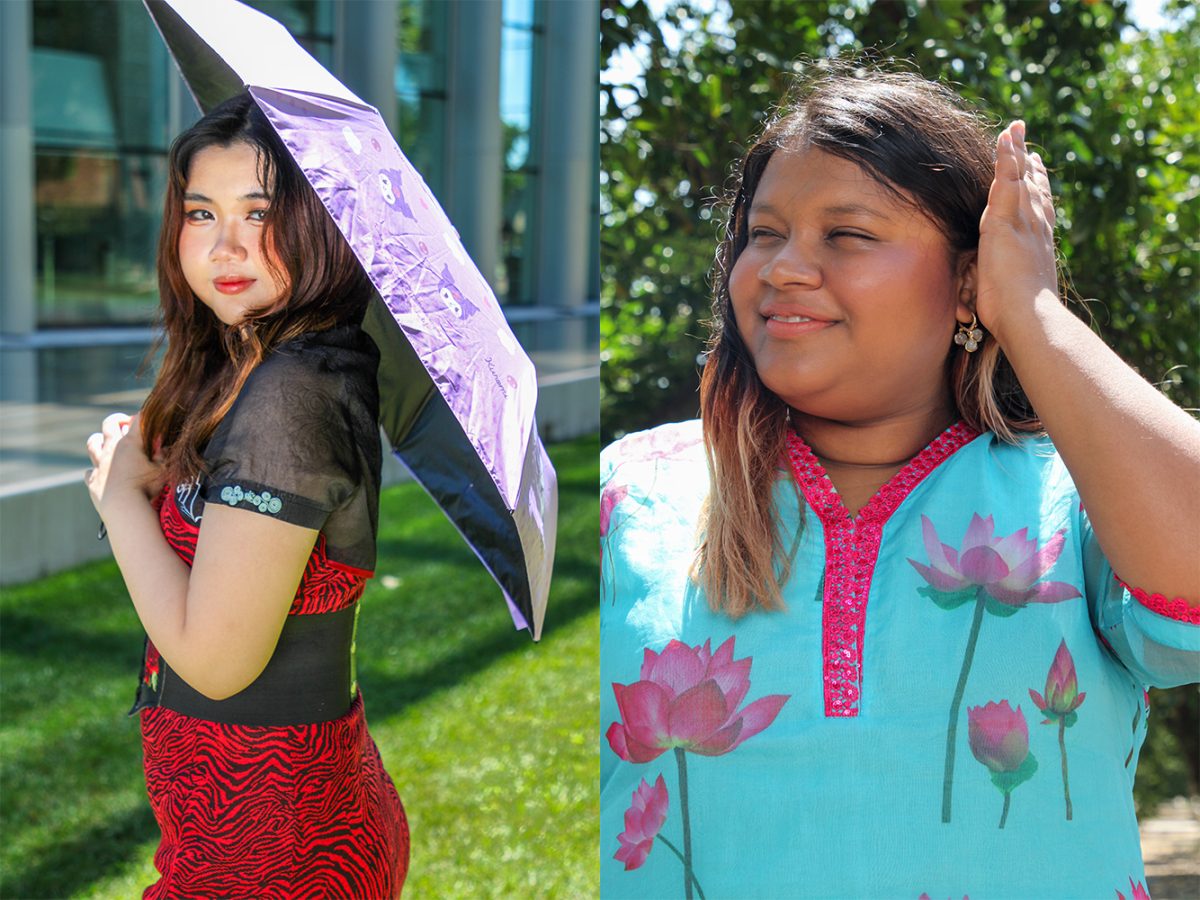 From left to right, Blue Tan and Melita Mehzabin model clothes that represent their respective countries and styles.