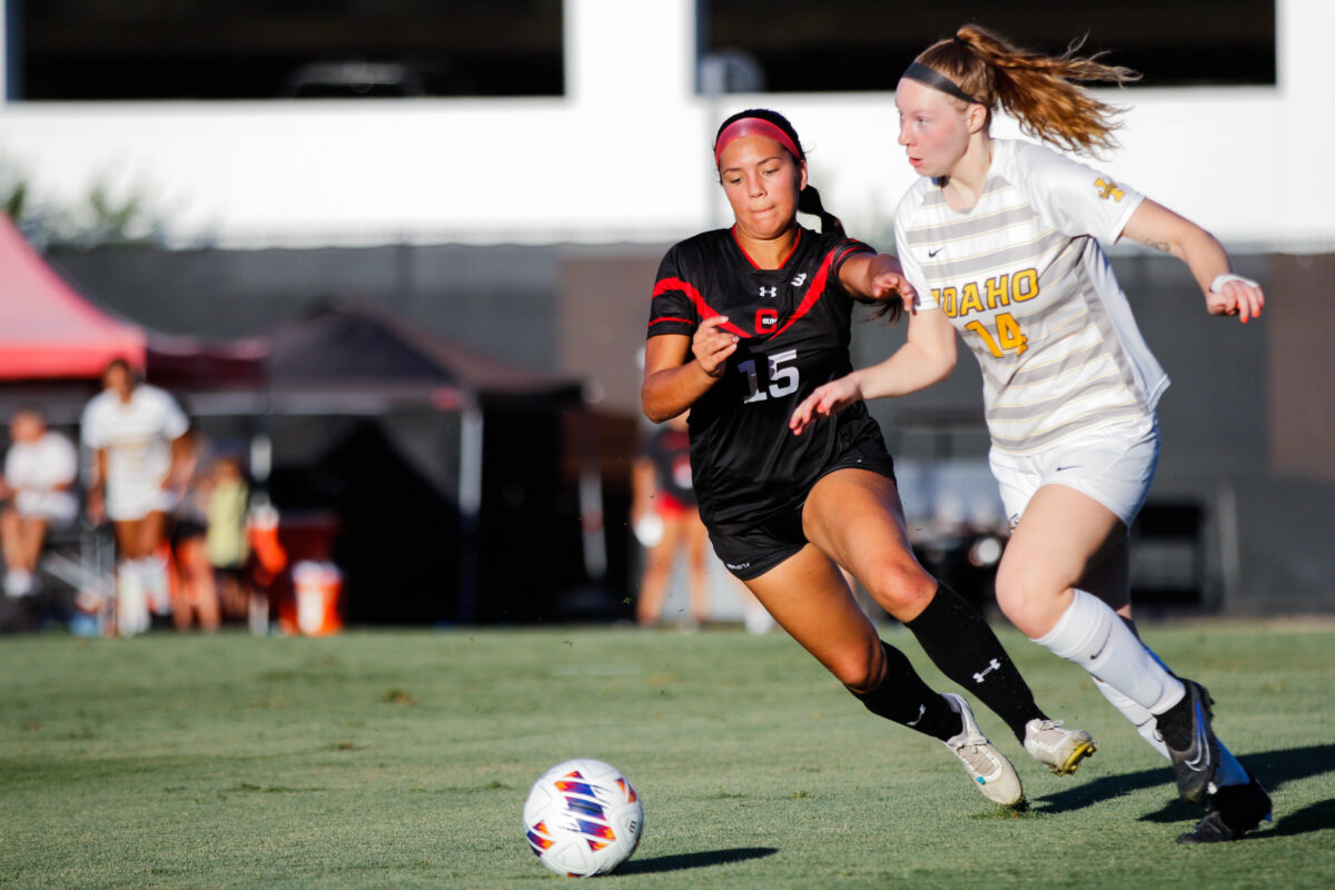 Matador forward Daisy Torres and Vandals defender Cassidy Elicker fight for possession of the ball during their match at the Matador Soccer Field in Northridge, Calif., on Sept. 7, 2023.