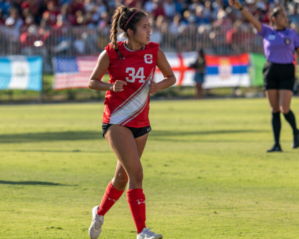 Midfielder Savannah Estrada looks to the sidelines, where in-game instruction from the assistant coaching staff is coming, during their game versus UCLA in Northridge, Calif., on Sept. 10, 2023.