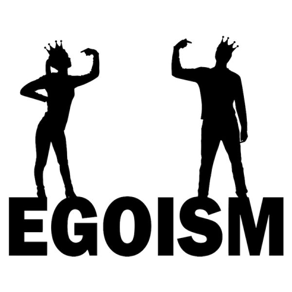 Silhouette vector of a narcissistic woman and a man with a crown on her head showing each finger on herself standing on the word egoism. 