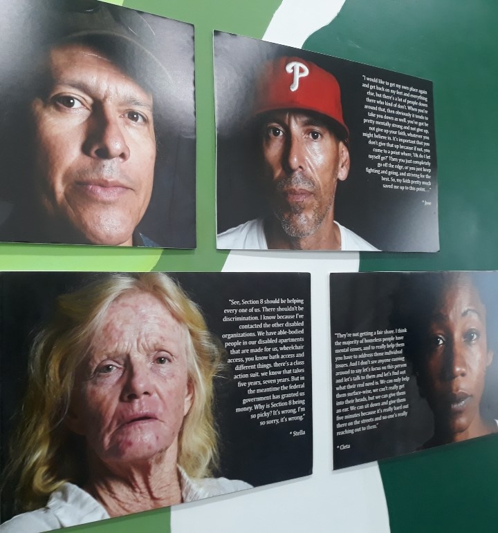 Four people who have experienced homelessness featured in the gallery at the Skid Row Museum Exhibit & Archive in Los Angeles, Calif., on Sept. 16, 2023.