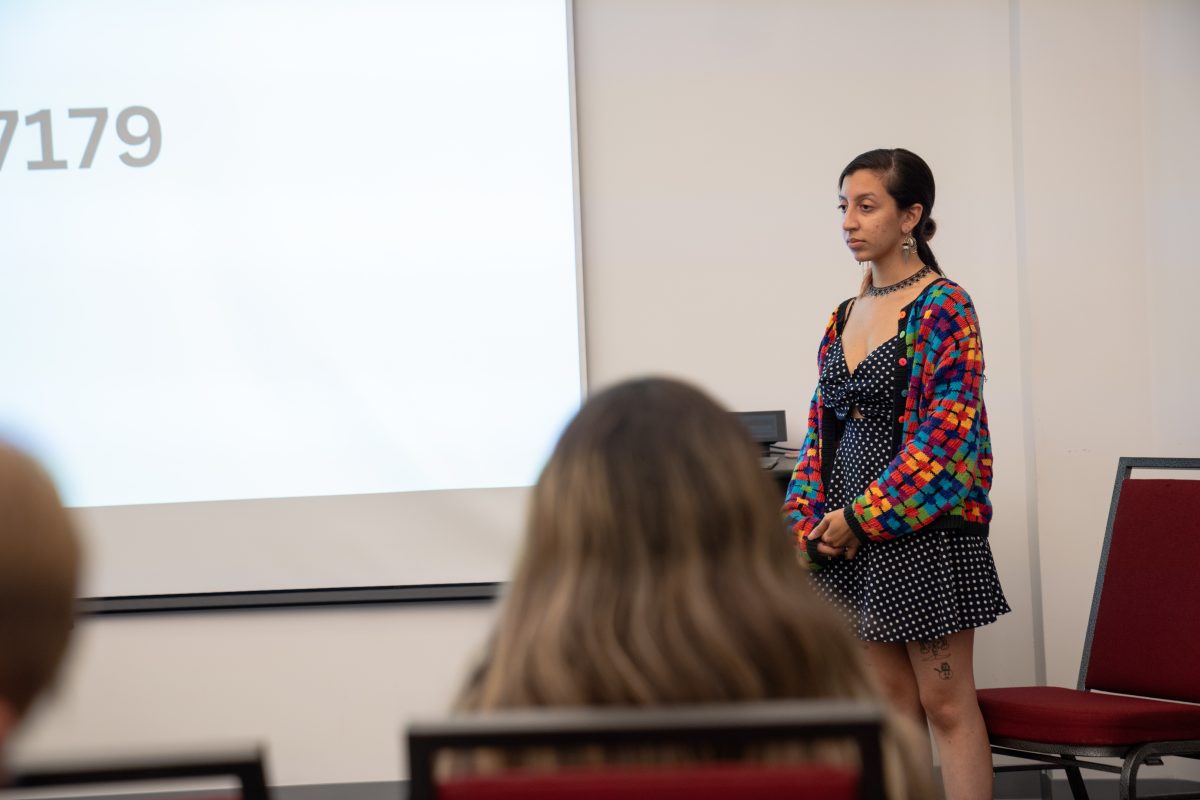 Students for Justice in Palestine president and founder Marjina Haque speaking at a joint meeting with the Lebanese Student Association to fundraise for the Middle East Childrens Alliance on Oct. 26, 2023, in Northridge, Calif.