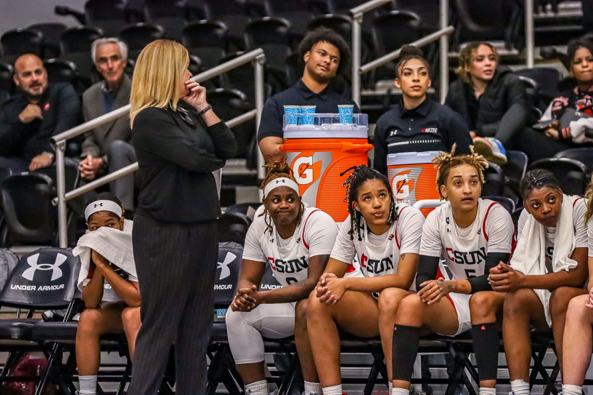 CSUN womens basketball coach turns away from the court against the University of San Fransisco on Dec. 1, 2022, at the Premier America Credit Union Arena in Northridge, Calif.