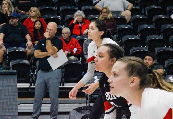 File photo. From right, Taylor Orshoff, Breanna Mitchell, Nicole Nevarez and CSUN head coach John Price concentrate on set three of the game against UC Davis on Friday, Oct. 14, 2022, at the Premier America Credit Union Arena in Northridge, Calif.