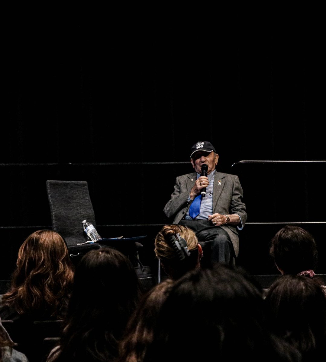 Holocaust survivor Joseph Alexander speaks to students and community members during an event hosted by Chabad at CSUN in Northridge, Calif., on Nov. 28, 2023.