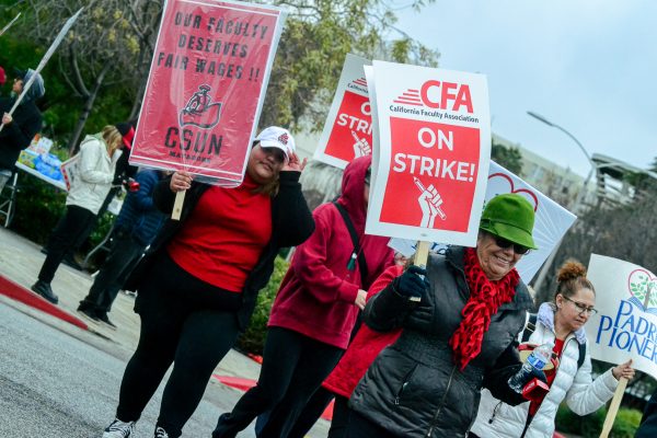 CSUN students, faculty and supporters march during the first day of the CFA strike on campus in Northridge, Calif., on Jan. 22, 2024.