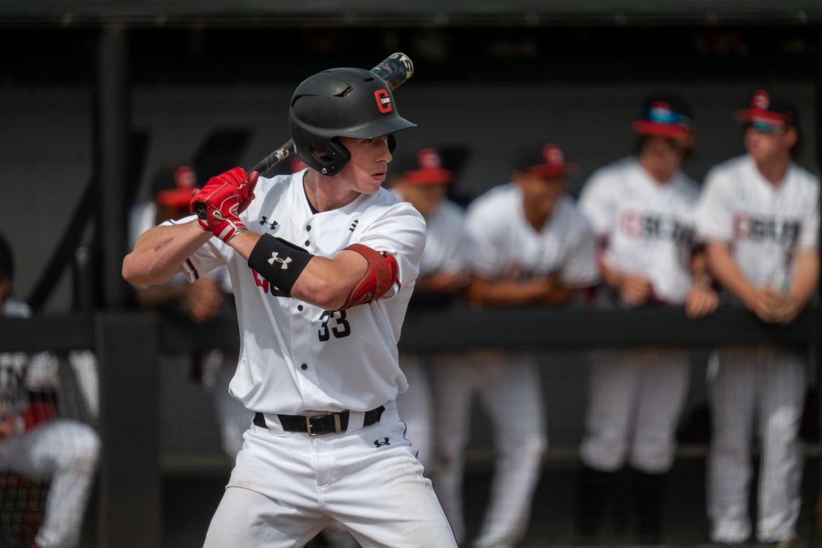 CSUN baseballs Kevin Fitzer, 33, waits for a pitch during a game against UC Riverside on Friday, March 31, 2023, at Matador Field in Northridge, Calif.