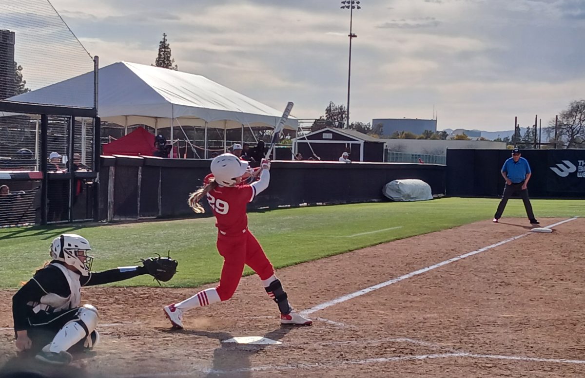 Left fielder Mikayla Carman triples in the fifth inning of game two to bring third baseman Shaylan Whatman home and put the tying run in scoring position. The game took place at Matador Diamond on Saturday, March 16, in Northridge, Calif.