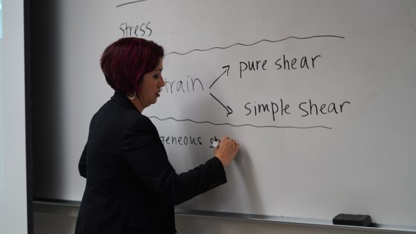Professor Miranda illustrates a geological concept on the whiteboard to help her students understand it during class on Tuesday, Feb. 6, 2024, in Live Oak Hall, Room 1212.