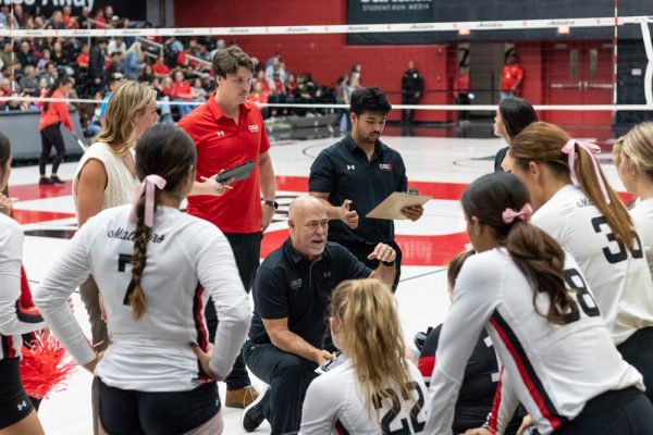 As Hawaii continues to score against the Matadors Coach John Price calls a timeout to talk to the team on Oct. 27, 2023, at the Premier America Credit Union Arena in Northridge, Calif. 