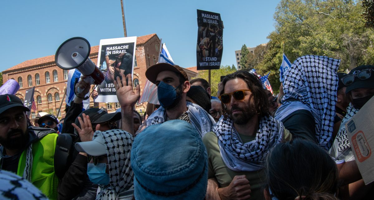 Dueling pro-Israeli and pro-Palestinian protests clashed on the campus of University of California, Los Angeles on Sunday, Apr. 29, 2024, in Los Angeles, Calif. The mostly peaceful protests drew hundreds on each side, with vigorous debate and intense emotions resulting in heated discussions and some minor pushing and shoving. No arrests were made. (Michael Goldsmith/The Sundial)
