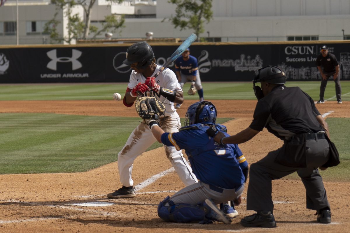 File+photo.+Infielder+Kamau+Neighbors%2C+19%2C+up+to+bat+against+Cal+State+Bakersfield+on+Friday%2C+April+26%2C+2024%2C+at+the+Matador+Field+in+Northridge%2C+Calif.