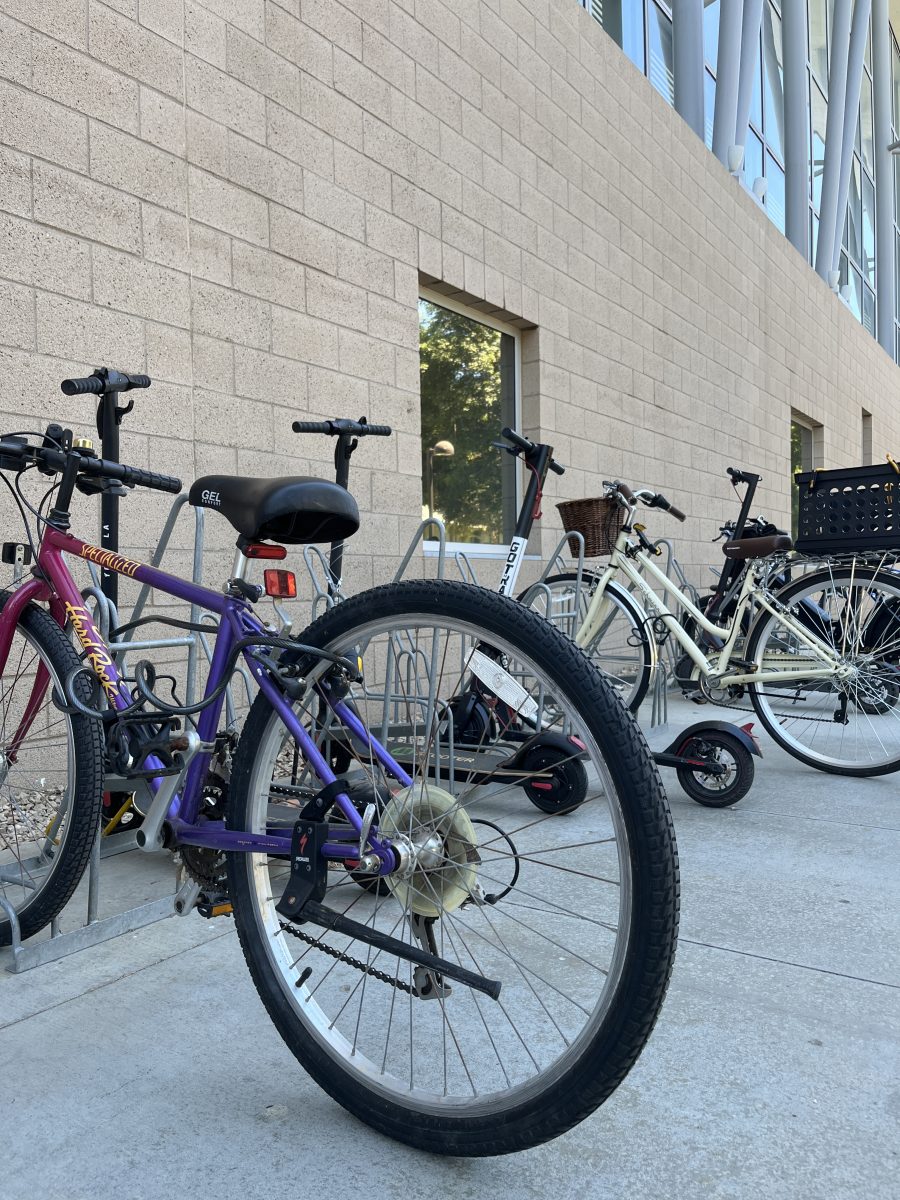 Bikes locked up on racks outside of Manzanita Hall at CSUN in Northridge, Calif., on Thursday, Sept. 5, 2024.