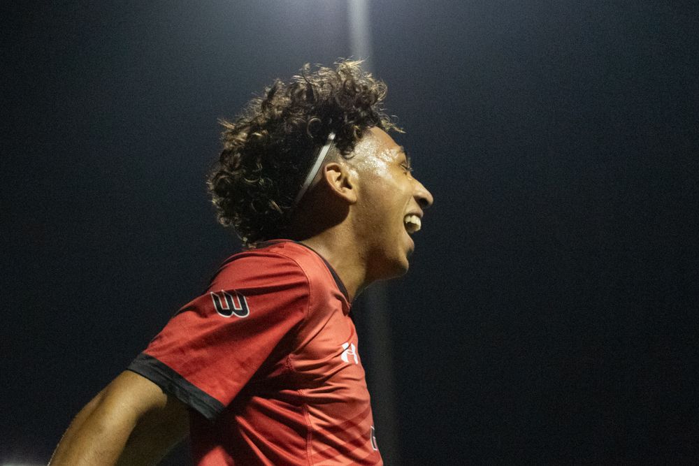 Midfielder Jorge Solorzano, 7, celebrates scoring a goal in the second half of the game against CSU Fullerton at the Matador Soccer Field in Northridge, Calif., on Sept. 27, 2023.