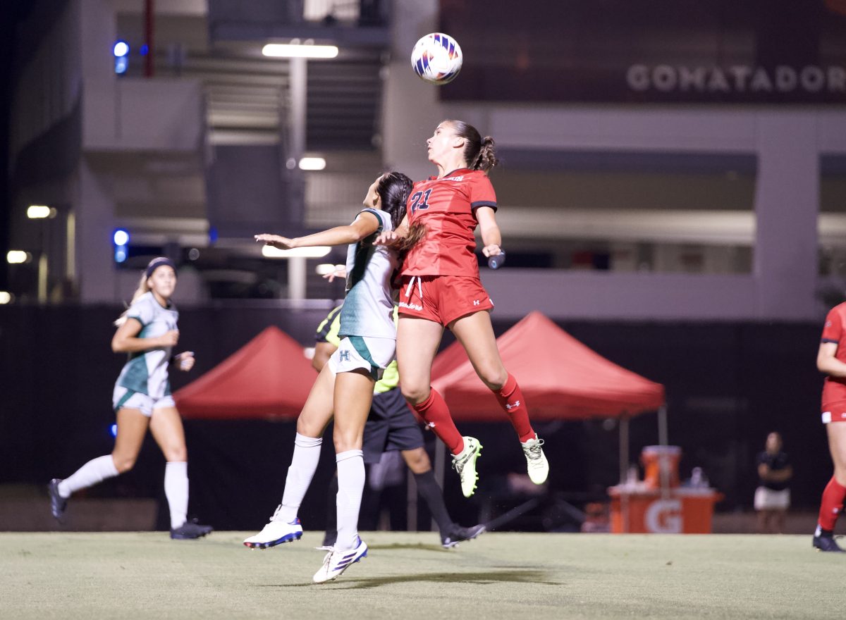 At the Matador Soccer Field, CSUN Women’s Soccer midfielder Ashly Torres, 21, goes up for a header against Hawaii Women’s Soccer midfielder Brynn Mitchell, 3, on Oct. 3, 2024