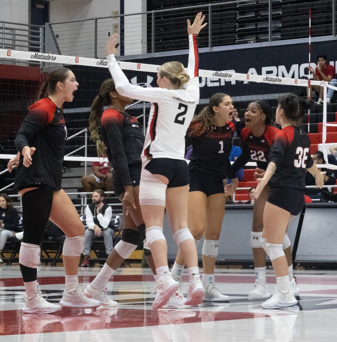 CSUN women's volleyball team gets pumped after scoring a point against Washington State University on Thursday, Sept. 19, 2024, at the Premier America Credit Union Arena.