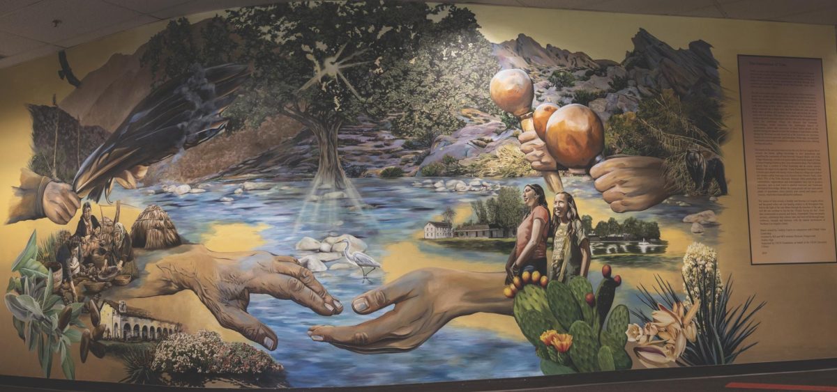 The Continuum of Time” art mural dedicated to the Tataviam tribe. The mural sits in the CSUN University Library.