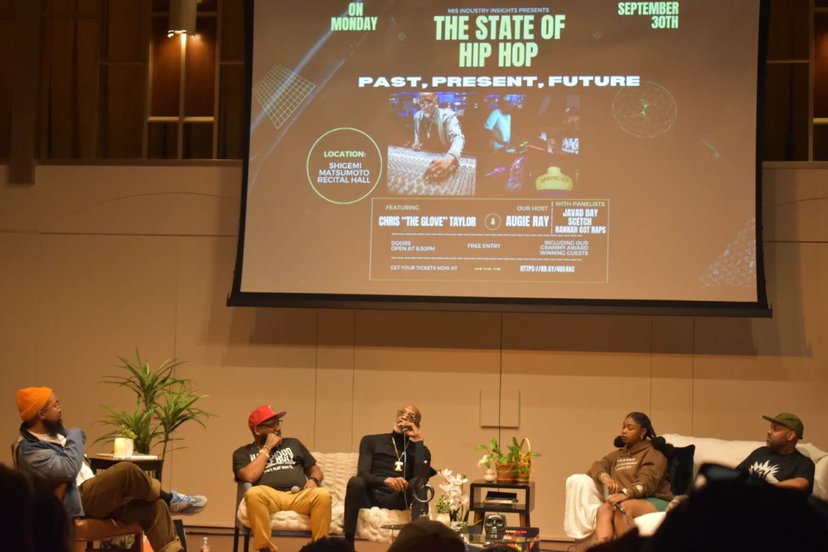 (Left to Right) Host Augie Ray speaking to “The State of Hip Hop” panelists Javad Day, Chris “The Glove” Taylor, Hannah Got Raps, and Scetch at Shigemi Matsumoto Recital Hall at the CSUN campus