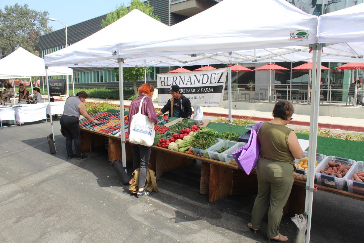 Jose Luis Hernandez from Hernandez Brothers Family Farm helping customers at CSUN's Farmers Market. 