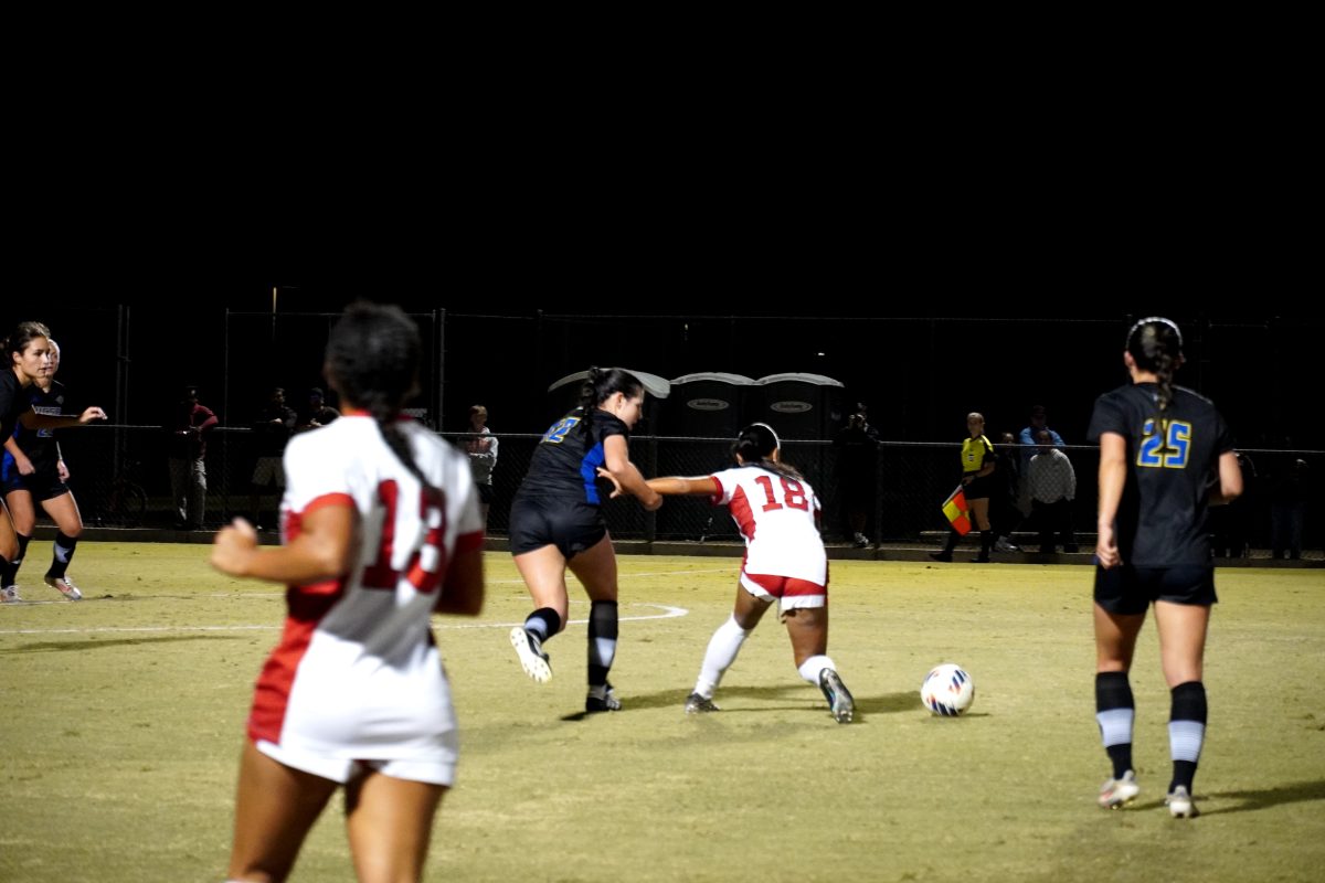 CSUN forward #18 Cassidy Imperial-Pham fighting for the ball back vs. UC Santa Barbara on Oct. 20, 2024.