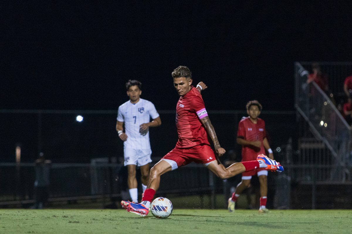 CSUN Men's Soccer Midfielder Arturo Reveles kicks the ball, at the Matador Soccer Field on Oct. 2nd, 2024.