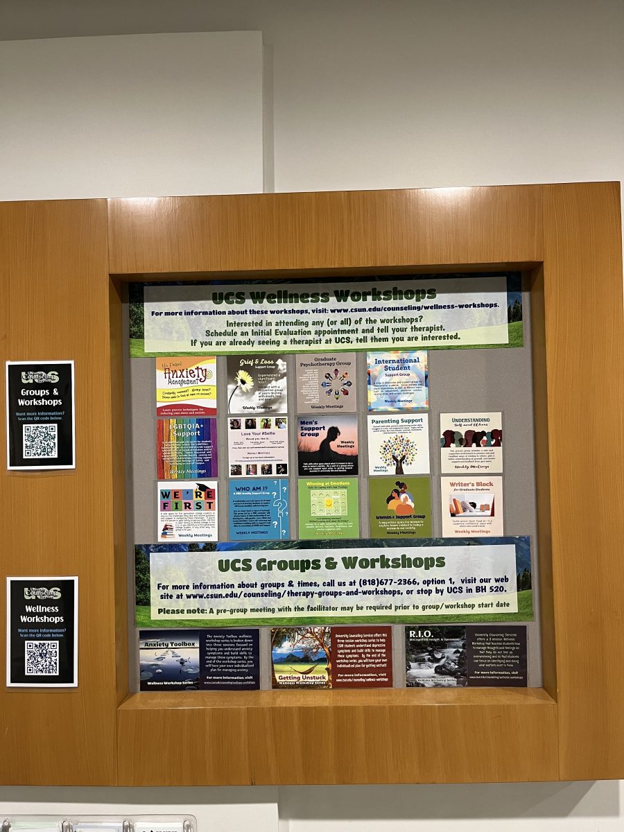 A plethora of flyers showcasing all of the UCS groups and workshops available to students. Two QR codes are posted on the left side of the board.