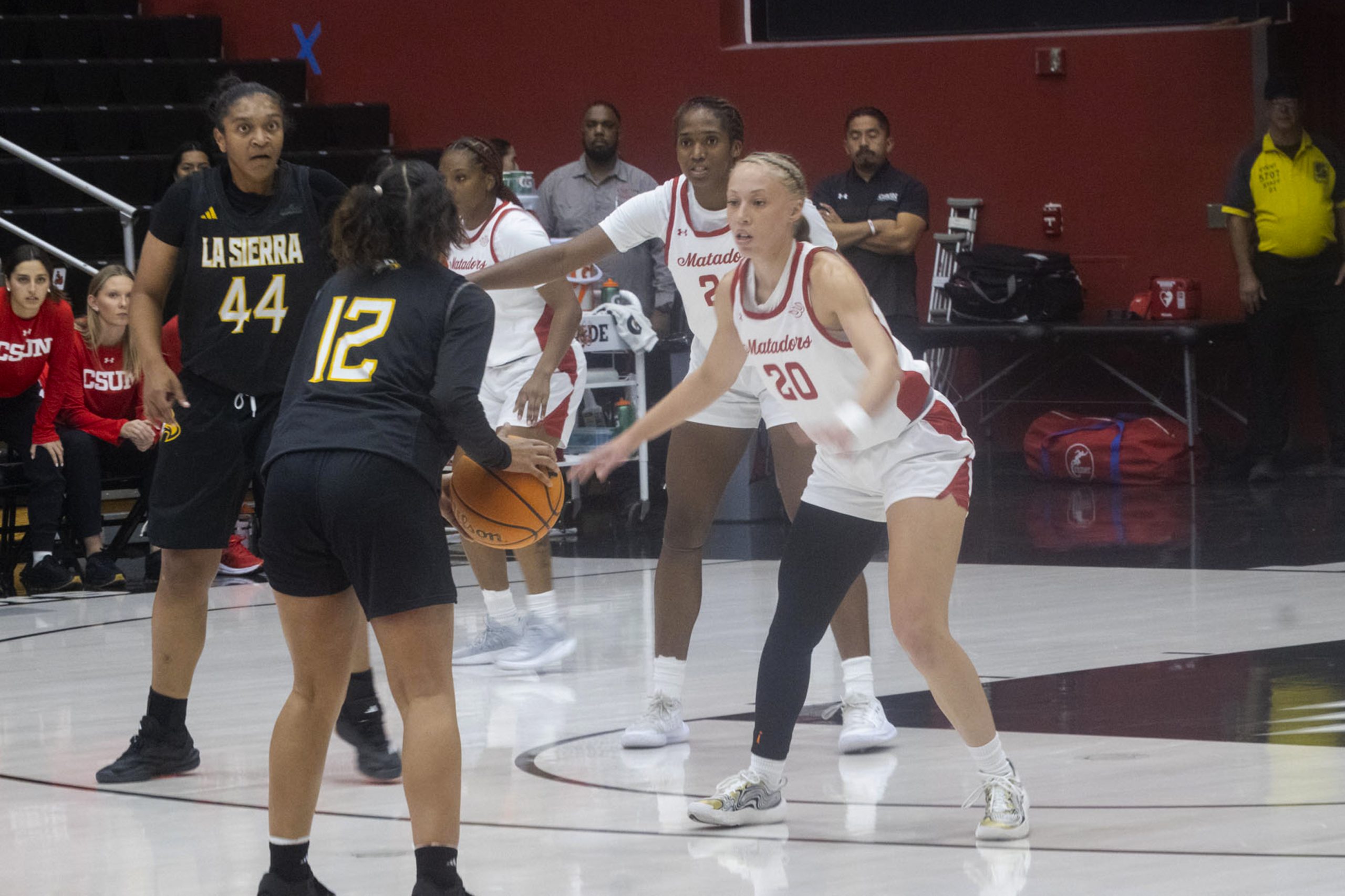 Erica Adams, 20, guards against the La Sierra offense on Nov. 4th at the Premier America Credit Union Arena at Northridge, Calif.