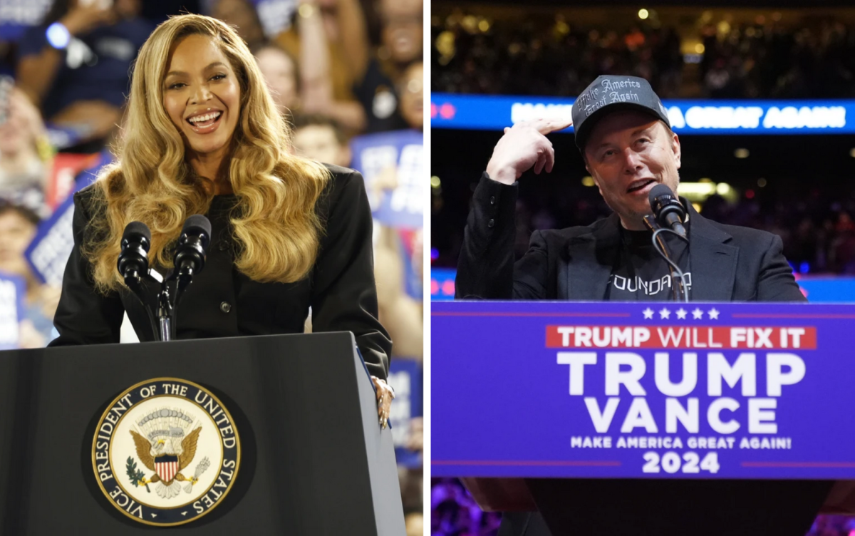 Beyoncé at Kamala Harris' Houston, Texas Rally on Oct. 25, 2024 and Elon Musk at Donald Trump's New York City Rally on Oct. 27, 2024. Images courtesy of Associated Press.