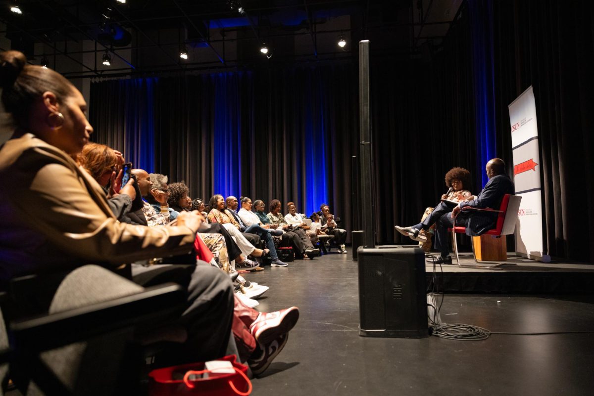 A crowd of students, alumni, and the community attend the College of Social and Behavioral Sciences's Salon Series with Tabitha Brown and host Dean Yan Dominic Searcy in The Younes and Soraya Nazarian Center for the Performing Arts Zev Yaroslavsky Rehearsal Room on Thursday, Nov. 7, 2024.