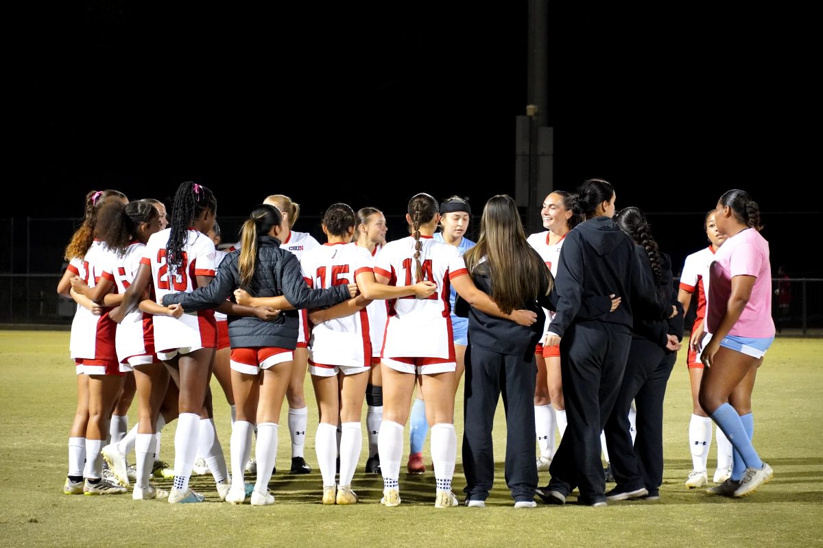 The CSUN women's soccer team getting together pregame before their match vs. UC Santa Barbara on Oct. 20, 2024.