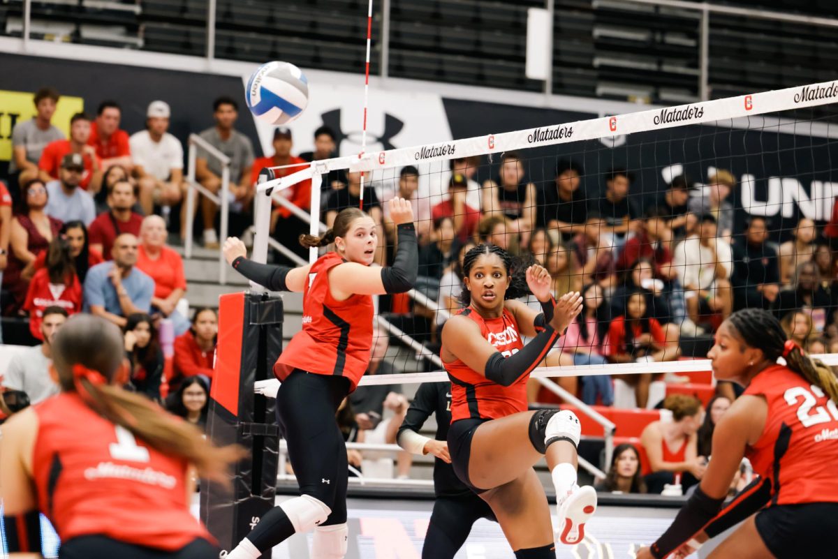 CSUN Women's Volleyball players react to missing a block during a game against Long Beach at the Premier America Credit Union Arena in Northridge, Calif., on Thursday, Oct. 10, 2024.