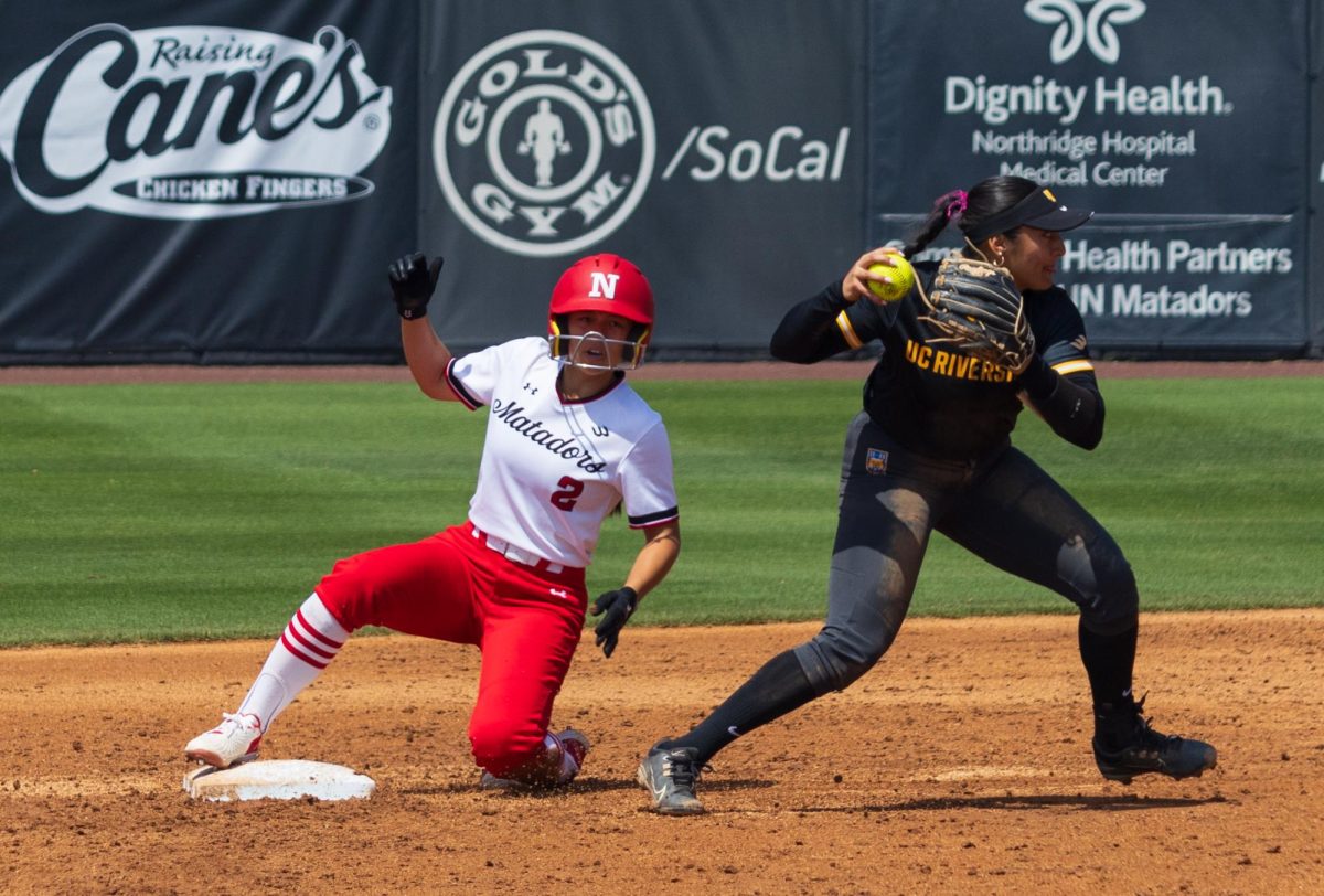 File Photo: Jadyn Nielsen, 2, is forced out at second base after Alexis Chavez (not pictured) makes a hit and runs to first base at the Matador Diamond on Saturday, April 20, 2024 in Northridge, Cali