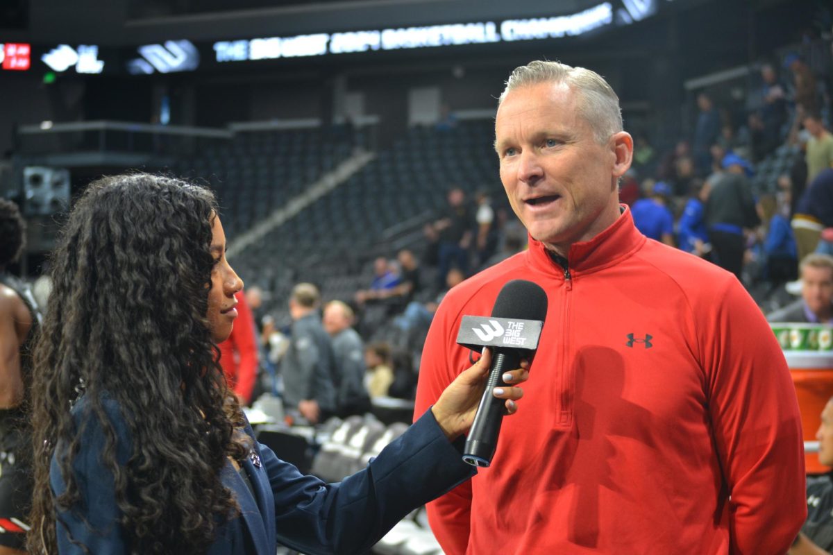 CSUN mens basketball head coach Andy Newman getting interviewed prior to the second half versus UC Santa Barbara on March 13, 2024. 