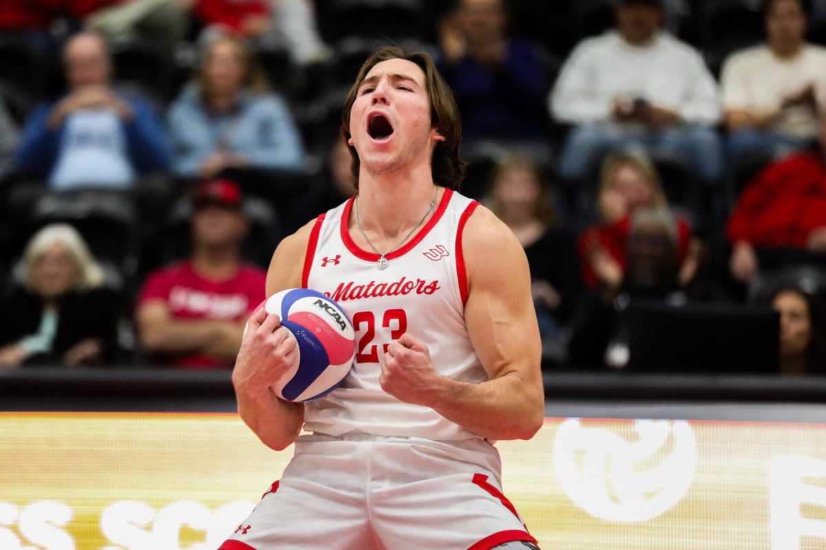 CSUN setter Donovan Constable, 23, celebrates a score during a game against the USC Trojans at the Premier America Credit Union Arena in Northridge, Calif., on Wednesday, Jan. 22, 2025. The Matadors lost in four sets 3-1.