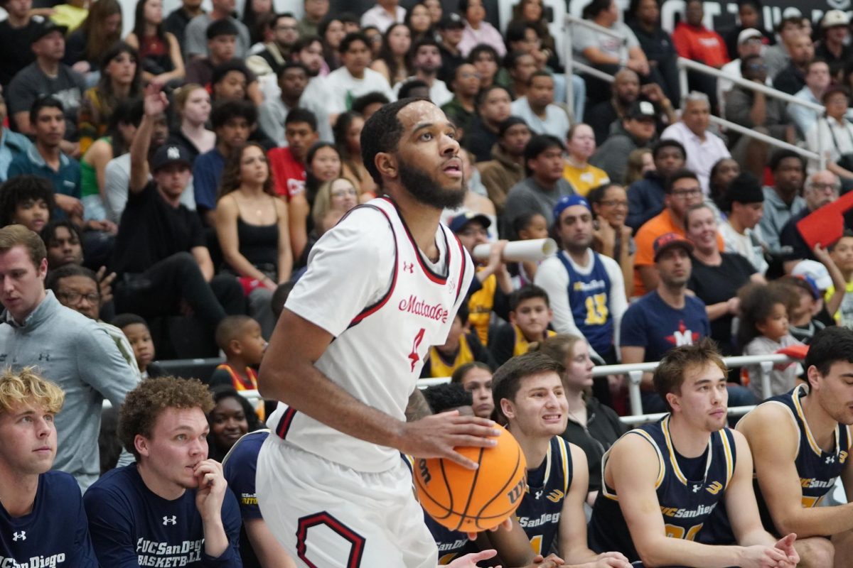 CSUN guard PJ Fuller II (4) preparing to shoot the ball vs. UC San Diego on Feb. 27, 2025 at the Premier America Credit Union Arena.