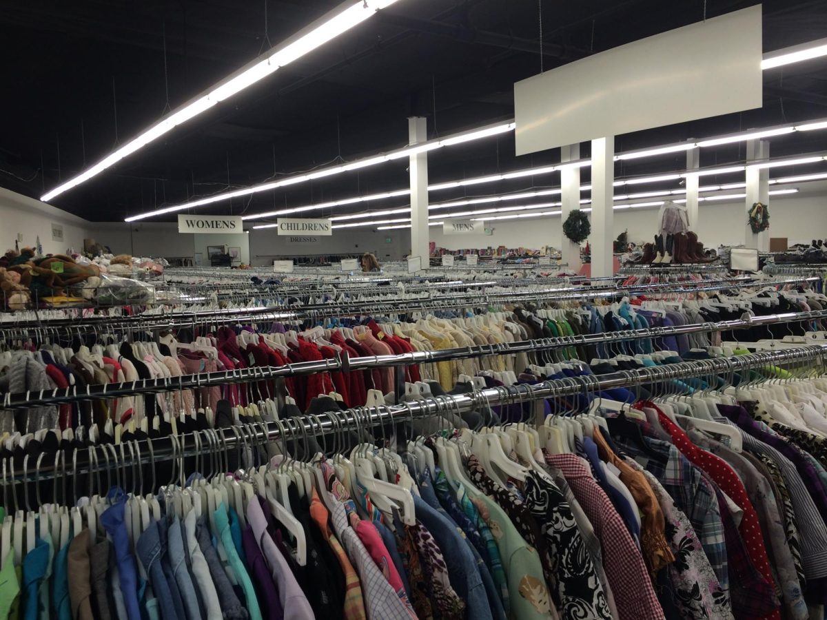 Racks of multicolored clothes in store