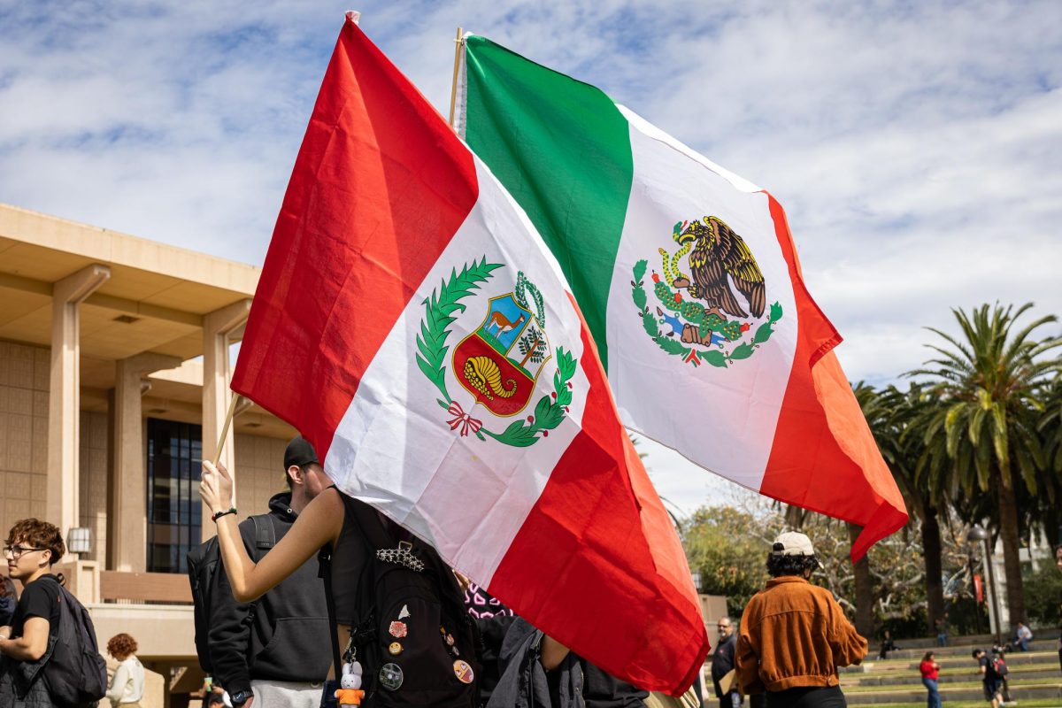 Un manifestante sostiene las banderas de México y Perú en el evento ICE Off Campus cerca de la Biblioteca de la Universidad en Northridge, California, el miércoles 19 de febrero de 2025. (Michael Moreno)