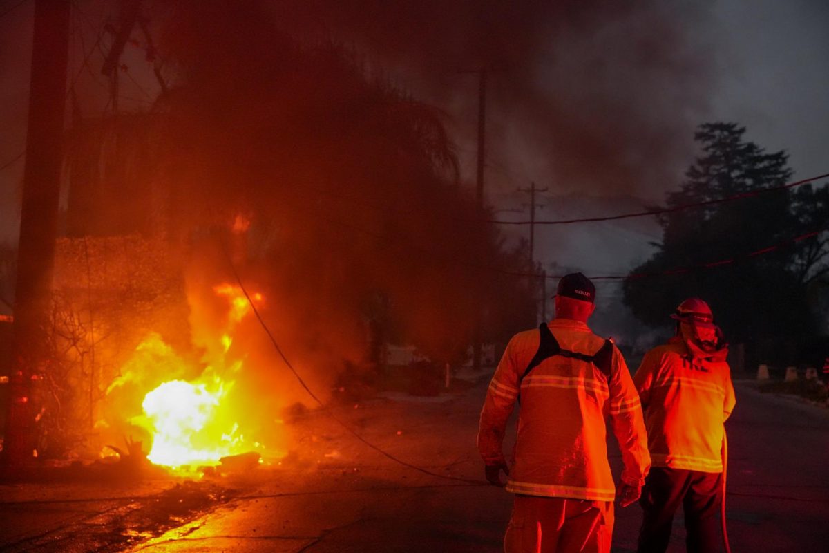 Two firefighters standing in front of an active fire