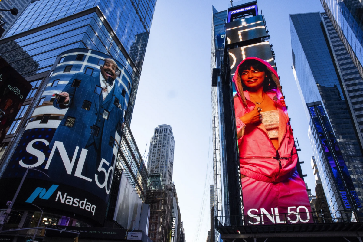 SNL 50 ads featured in New York's Times Square on Feb. 14, 2025.