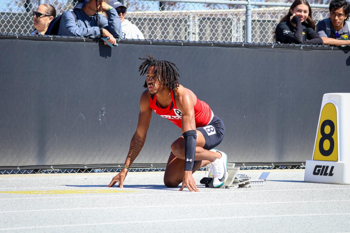 CSUN's Chase Mars getting ready to compete in 400m event at the 2025 Beach Opener meet at Long Beach State. 