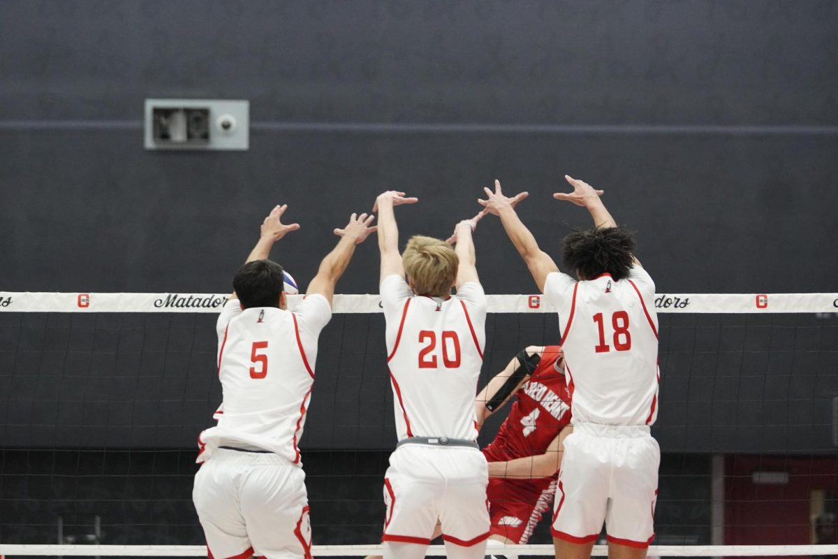 CSUN men's volleyball players from left to right: Joao Avila, 5, Joao Favarim, 20, and Jalen Phillips, 18, vs. Sacred Heart at the Premier America Credit Union Arena on March, 3, 2025