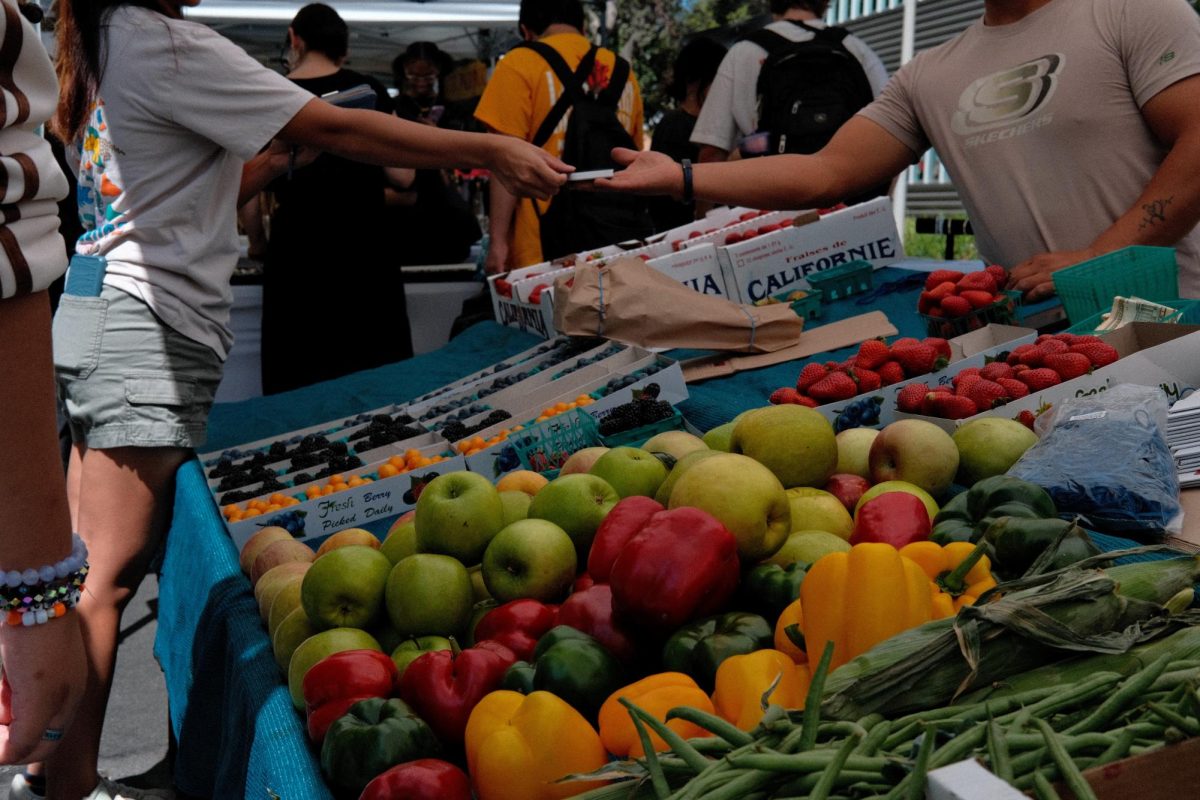 Students purchase produce at the Hernandez Brothers Family Farm booth at the Farmer's Market at CSUN in Northridge, Calif. on Tuesday, Sept. 9, 2025. 