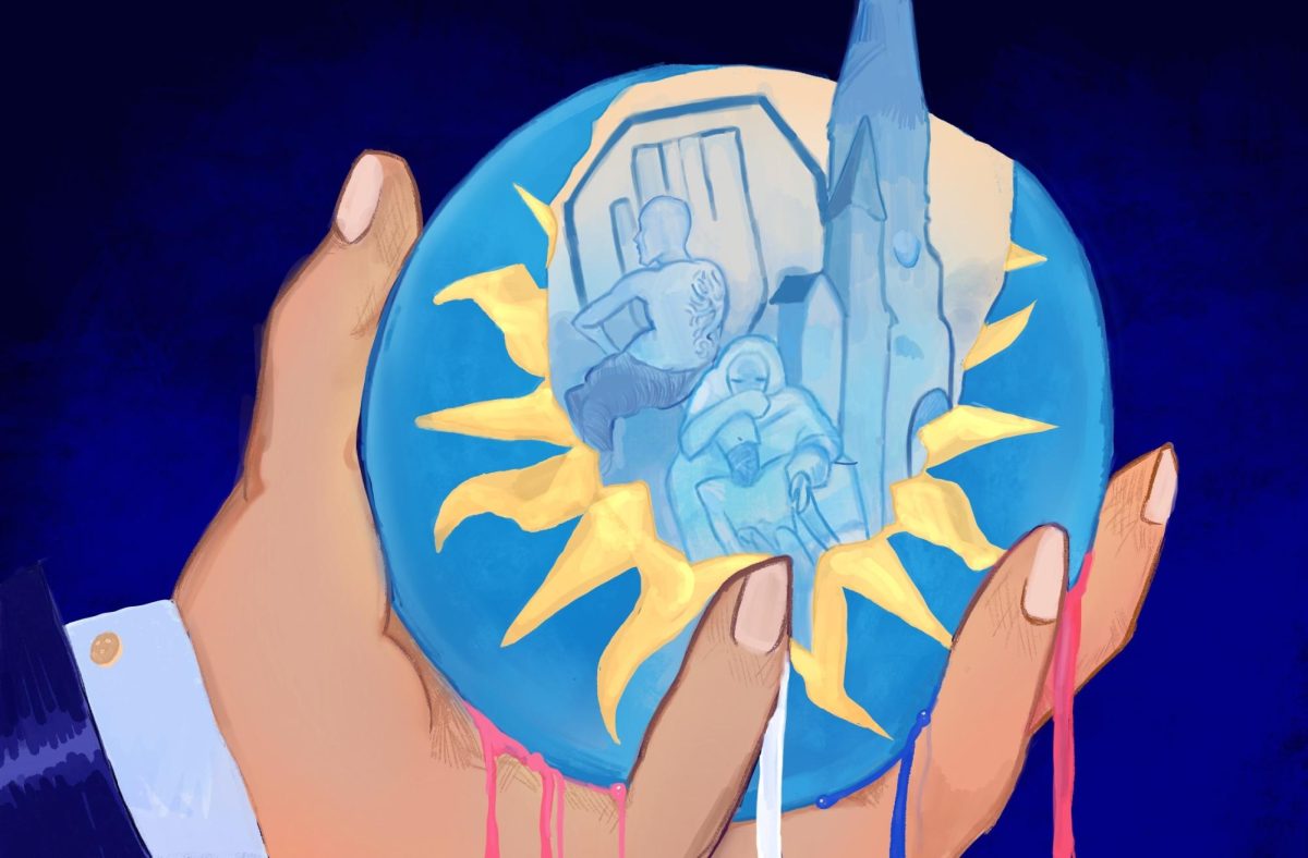 Illustration of President Donald J. Trump holding the Smithsonian, filled with history, in the palm of his hand. 