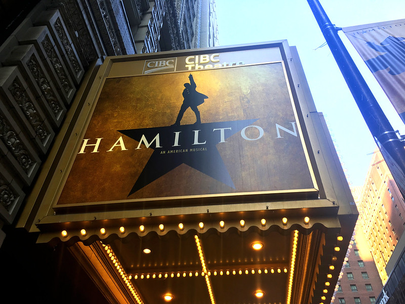 Hamilton marquee at CIBC Theater in Chicago, Illinois on July 11, 2018. Photo by Ken Lund via Flickr.