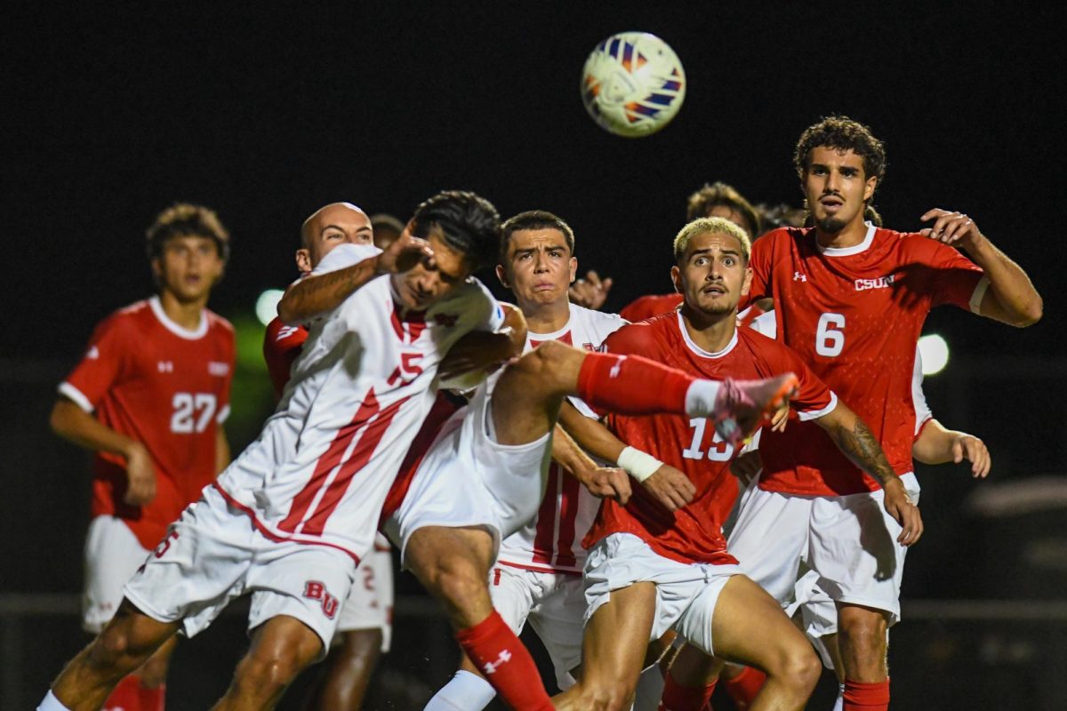 Players attempt to make a play after a corner kick during a game against the Biola Eagles on Aug. 30. The CSUN Matadors won 2-0.