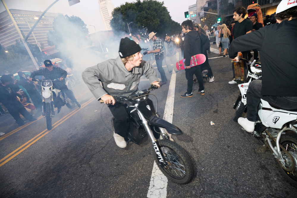 People dress up in costumes and gather near City Hall for the 2025 Halloween Hellbomb in Los Angeles, Calif., on Oct. 25, 2025.